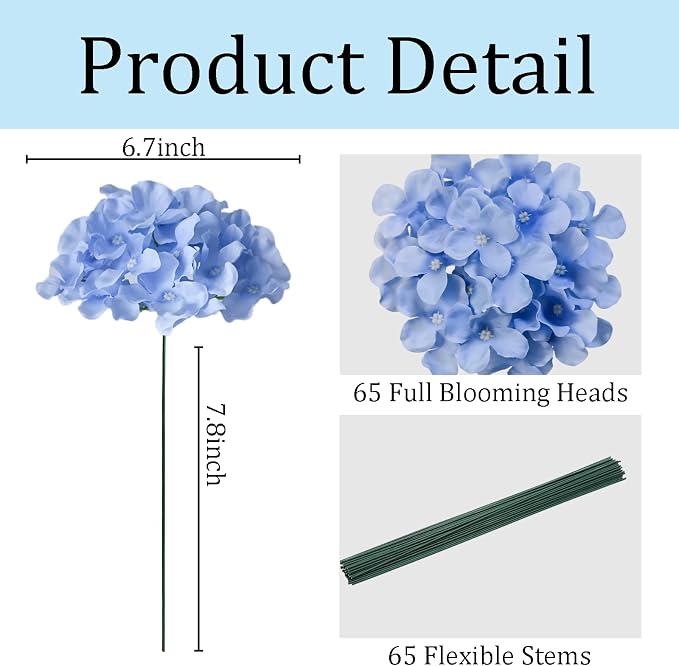 65Pcs Blue Hydrangea Artificial Flowers Bulk，Realistic Silk Fake Flowers - Image 3