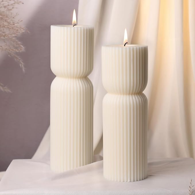 Aesthetic Sandalwood Scented Candles, Ribbed Pillar Candle Set of 2, Natural - Image 8
