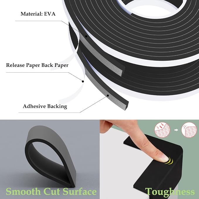Weather Stripping Door Seal Black, Self Adhesive Foam Tape, Window Insulation - Image 6