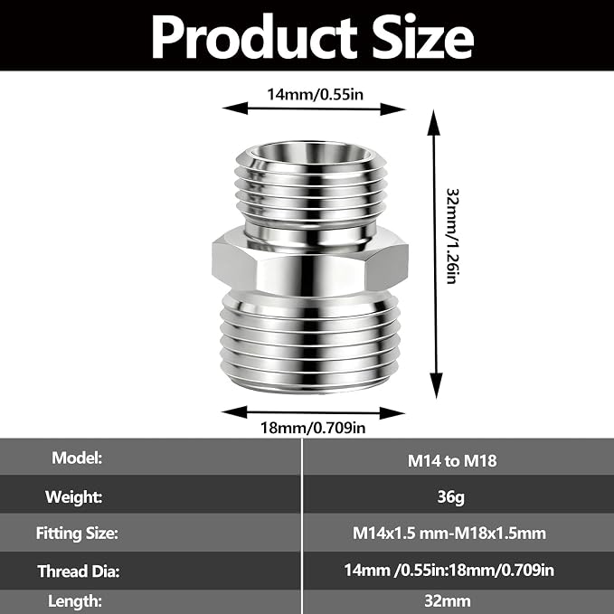 2 Pcs M14 to M18 stainless steel adapter fittings, suitable - Image 2
