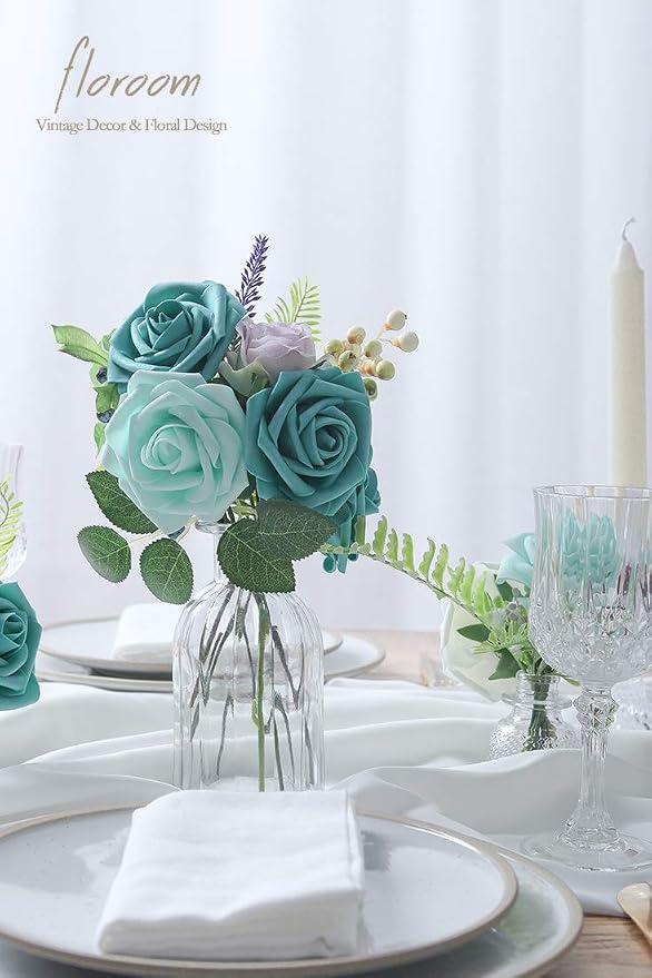 Artificial Flowers 25pcs Real Looking Robin's Egg Blue Foam Fake Roses - Image 3