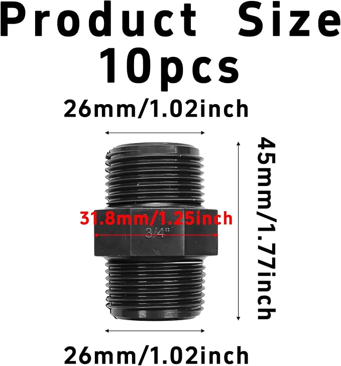 10PCS 3/4" PVC Hex Nipple Fitting, G3/4 X G3/4 Male Thread Coupling Adapter - Image 2