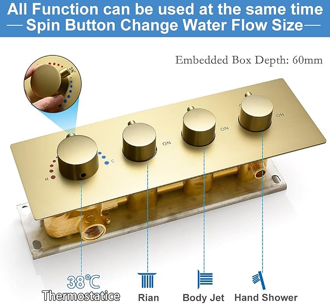 Brushed Gold Thermistatic Shower Mixing Valve | Concealed Mount, Pressure - Image 4
