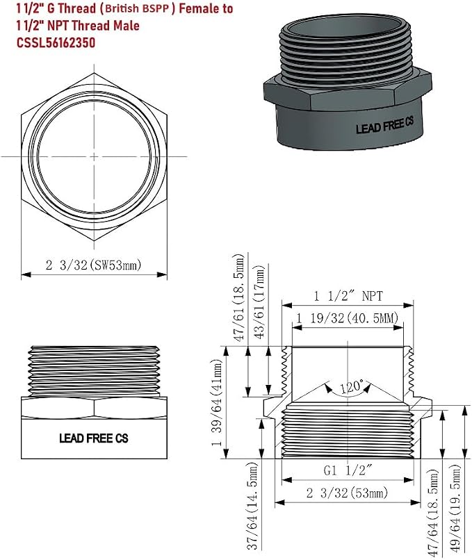 Cascada 1 1/2" G Thread Female to 1 1/2" NPT Thread Male Pipe Fitting Adapter - Image 4