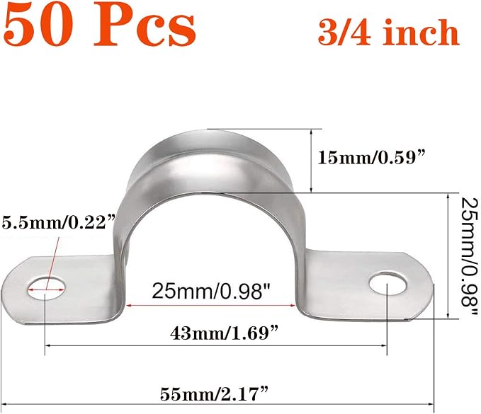 50 Pcs 3/4inch Rigid Pipe Strap, Two Hole Stainless Steel Strap U Bracket - Image 2