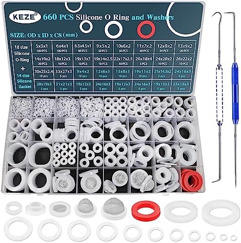KEZE 660 PCS 18 Size Clear Silicone O Rings Assortment Kit and 14 Size Silicone by KEZE