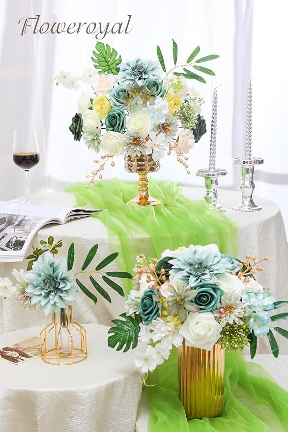Artificial Flowers Combo Green Flowers Mix Silk Flowers Dahlia Roses - Image 4