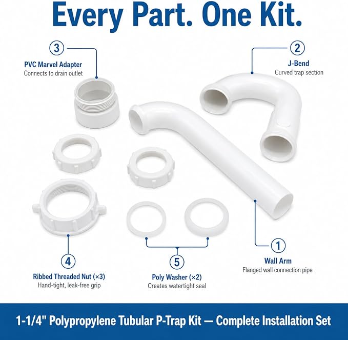 1-1/4 Inch P-Trap Kit, Polypropylene Tubular - Image 2