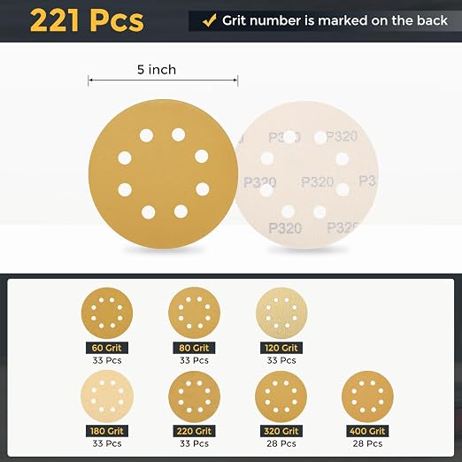 HARFINGTON 50Pcs 5Inch Sanding Discs 320Grit Yellow Aluminum Oxide 8 Hole | - Image 2