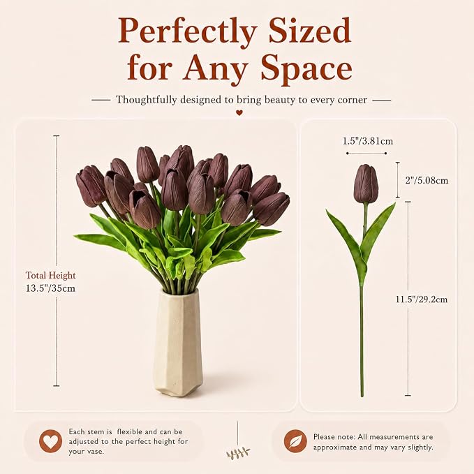Mandy's 20pcs Artificial Brown Tulips | 13.5 Inch Lifelike PU Tulips Faux - Image 3