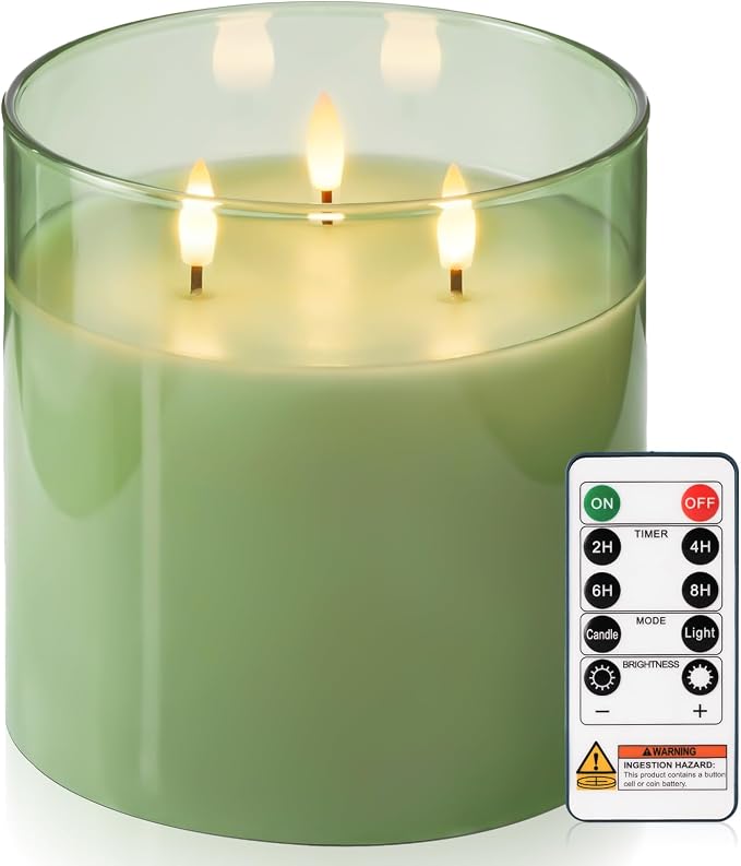 Homemory Sage Green Large Glass Flameless LED Candle, 3 Wicks, Remote Timer | by Homemory