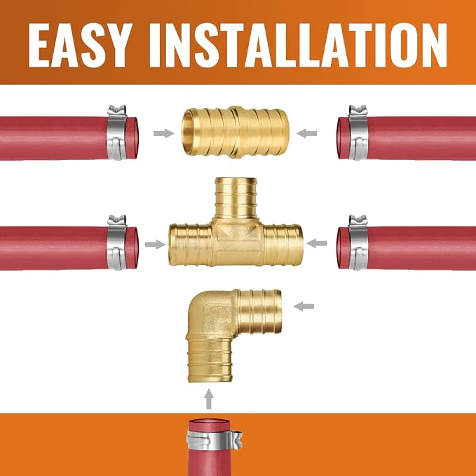 30-Pack 3/4 Inch PEX Fittings Kit, 10 Each Elbow Tee Coupling | Brass, Crimp - Image 3