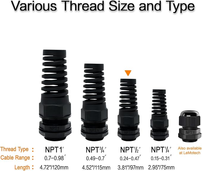 2Pcs NPT 1/2" IP68 Waterproof Cable Gland Flex Spiral Strain Relief Black Nylon - Image 6