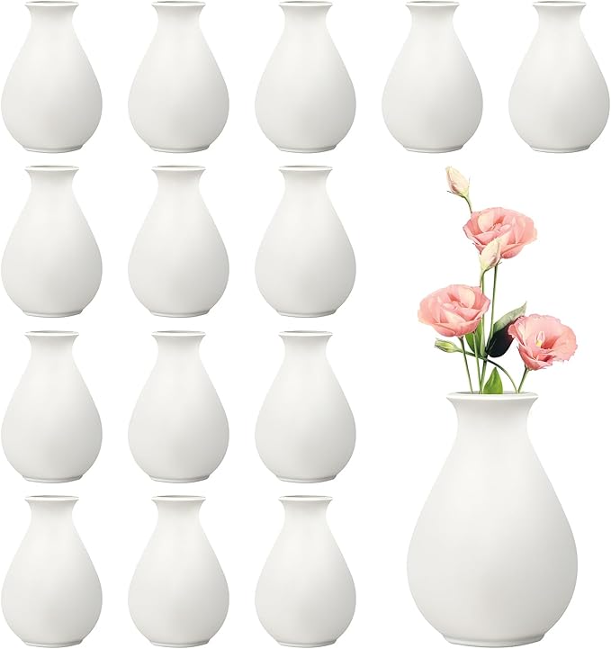 15 Pack White Ceramic Bud Vases Bulk, 3.9 Inch Premium Boho Small Flower Vases by Rainmae