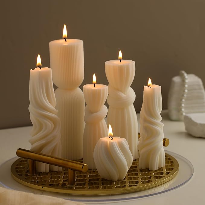 Threlaco 6 Pcs Ribbed Pillar Candles, 2.36-6.89 Inch Heights, Modern Spiral - Image 4