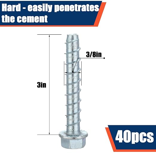 Tandefio 40 Pack 3/8" x 3" Concrete Screw Anchor Galvanized Large Diameter - Image 2
