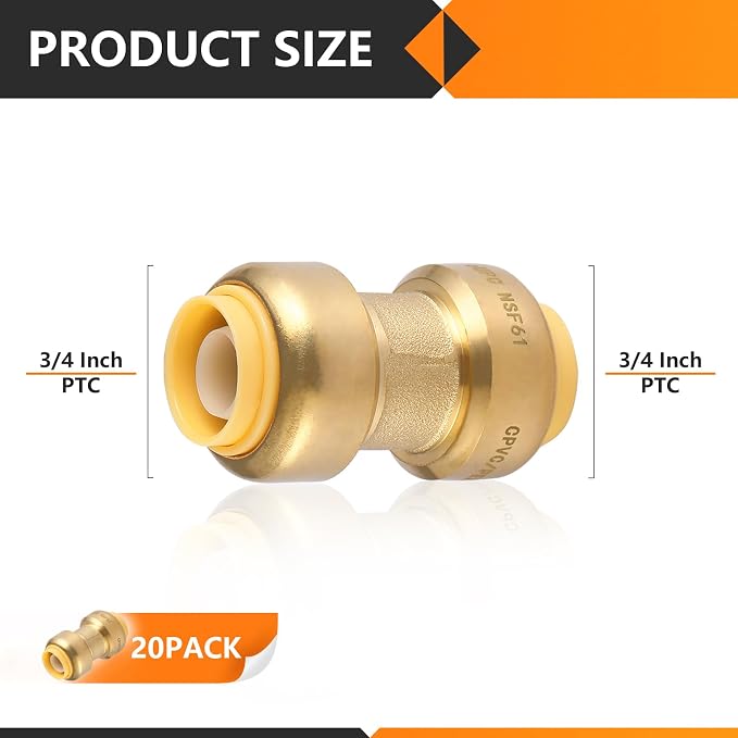 20PC HeSun Pushfit Coupling, 3/4"x3/4" Push to Connect Plumbing Fittings | - Image 2