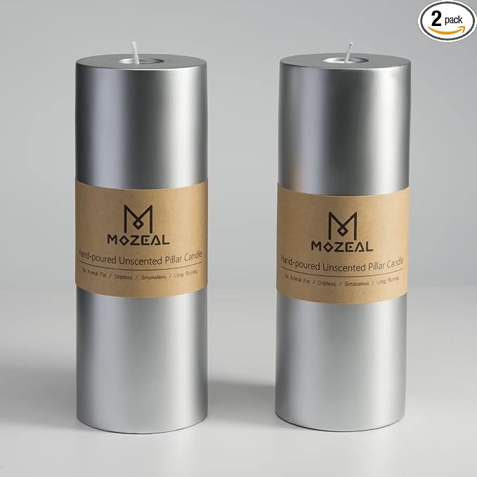 MOZEAL 3" x 8" Hand-Poured Unscented Large Candle, Smokeless Rustic Pillar by MOZEAL