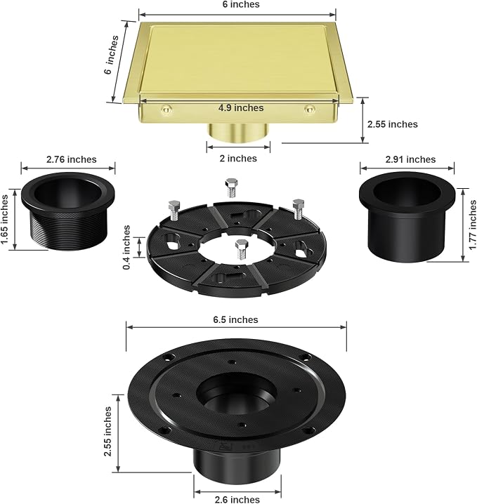 EXF Square Shower Drain 6 Inch Brushed Gold - Image 2