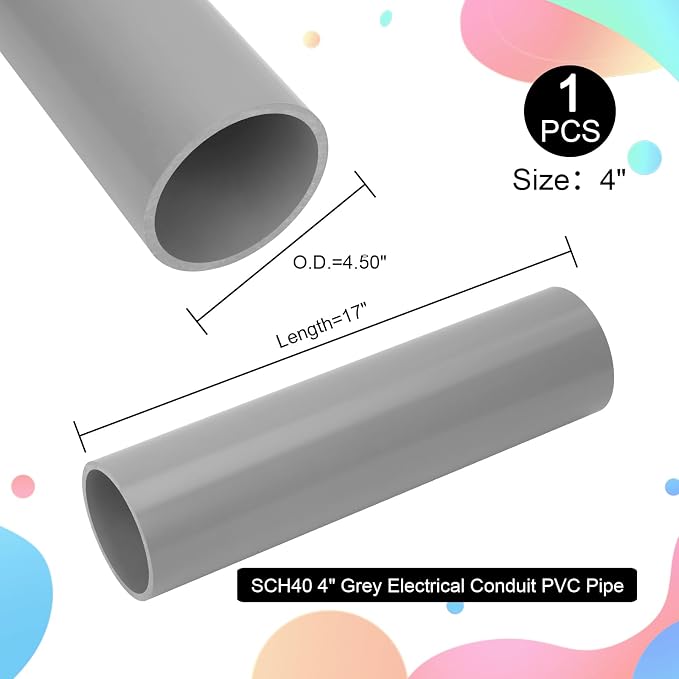4Inch Grey Electrical Conduit PVC Pipe 17" Long Sch40 PVC Rigid Tube Round - Image 2