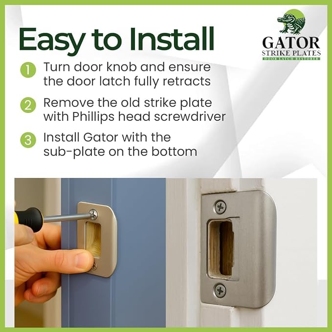Gator Door Strike Plate 2-1/4" Latch Restorer, Satin Nickel, No Chiseling - Image 4