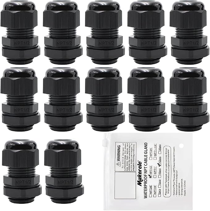 MAKERELE 12pcs 1/2" NPT Cable Gland Waterproof IP68 Strain Relief Connector | by MAKERELE