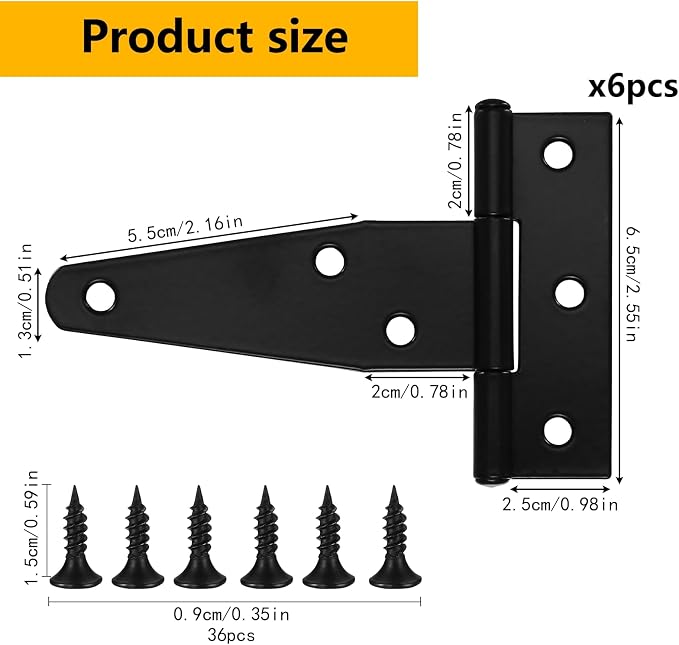 6 Pack 3 Inch T Strap Hinges Heavy Duty Black Outdoor Tee Hinge - Image 2