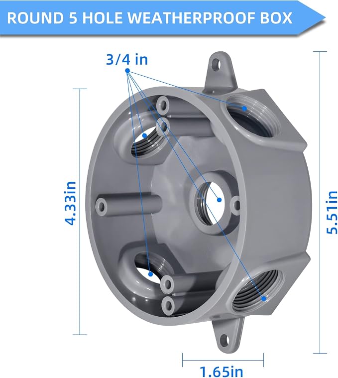 Round Electrical Outlet Box, Weatherproof 5 Hole-1/2 or 3/4 in Electrical - Image 2