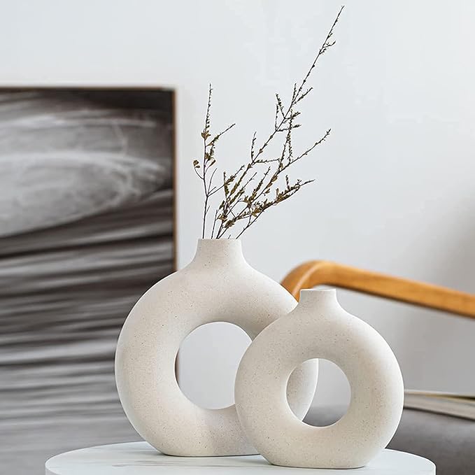 White Ceramic Vases Set 2 for Modern Home Decor, Boho Round Matte Pampas Flower by QLOFEI