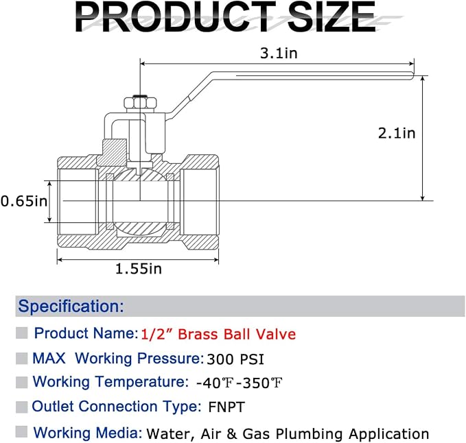 2 Pack 1/2" Full Port Ball Valve Brass， 1/2 Inch NPT Brass Valve，1/2" Female x - Image 2