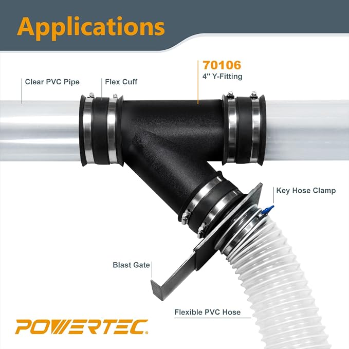 POWERTEC 4 Inch Y Fitting for 4" Dust Collection Hose, 4 Inch Dust Collection - Image 2