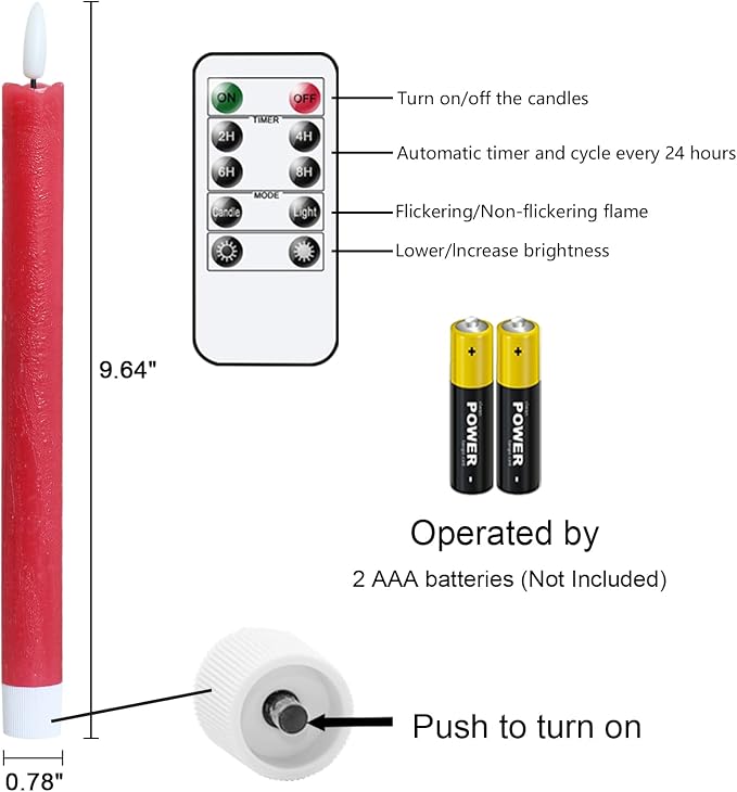 GenSwin Flameless Taper Candles LED Battery Operated Remote Timer Red | LED - Image 7