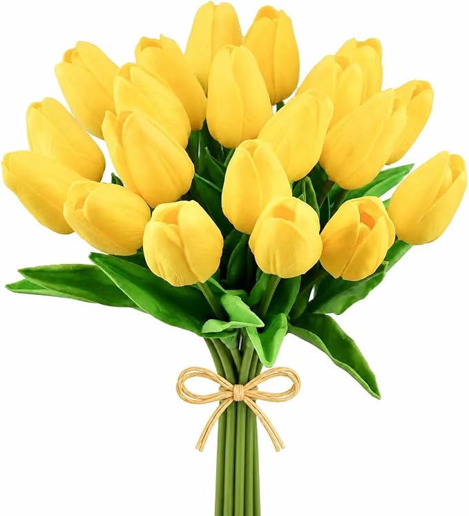 Mandy's 20pcs Artificial Yellow Tulips | 13.5 Inch Lifelike PU Tulips Faux by Mandys