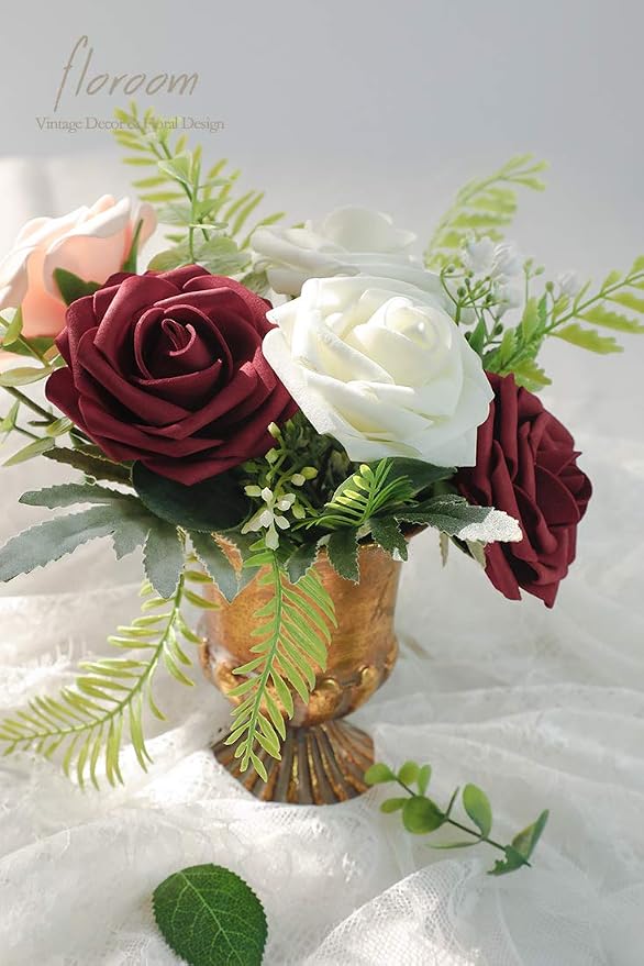 Artificial Flowers 25pcs Real Looking Burgundy Foam Fake Roses - Image 5