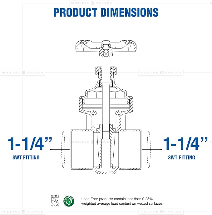 Midline Valve 427D336-5 Gate Valve, 1-1/4 in. Sweat Connection, Cast Brass - Image 3