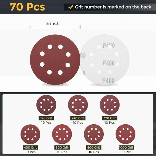 HARFINGTON 70Pcs 5Inch Sanding Disc 8 Hole Hook and Loop Sandpaper Red | - Image 2