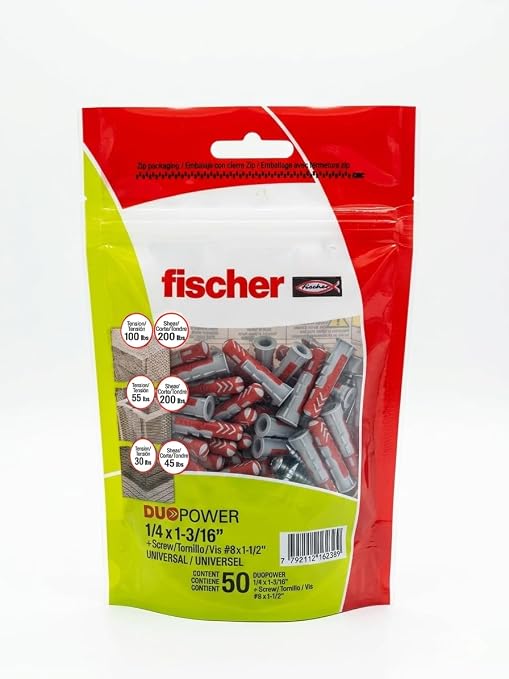 fischer DuoPower 1/4" x 1-3/16" Universal Wall Anchors - Image 2