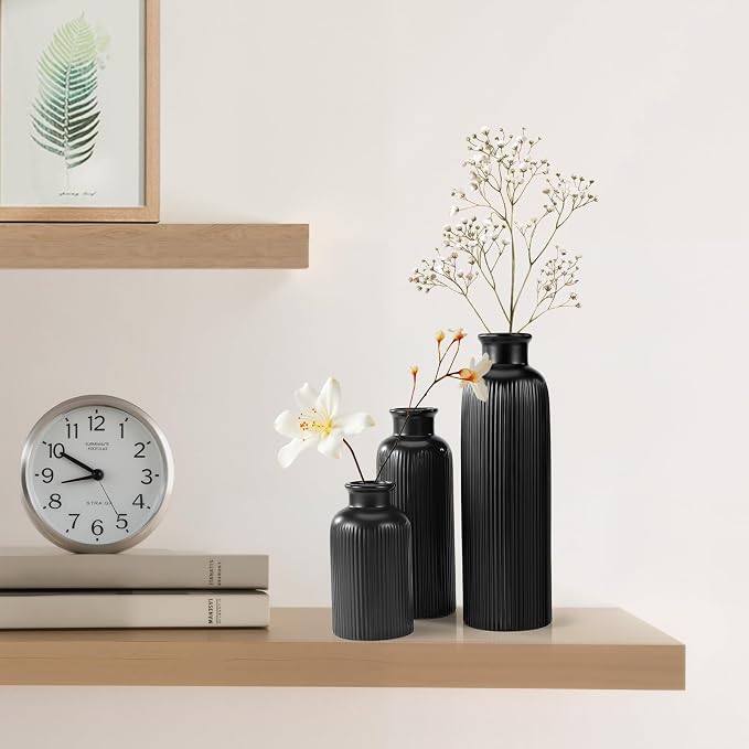 Small Black Ceramic Vase Set of 3, Boho Modern Black Flower Vase Room Decor - Image 4