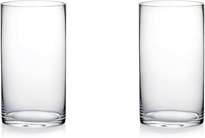 4" Wide 7" High Set of 2 Large Hand Blown Sturdy Clear Cylinder Glass Vase by Unknown