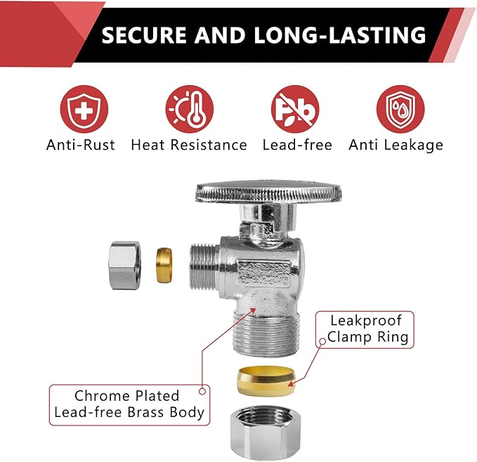 5PCS EFIELD Angle Stop Valve 1/2" Nominal Compression x 3/8" OD | 1/4 Turn - Image 5