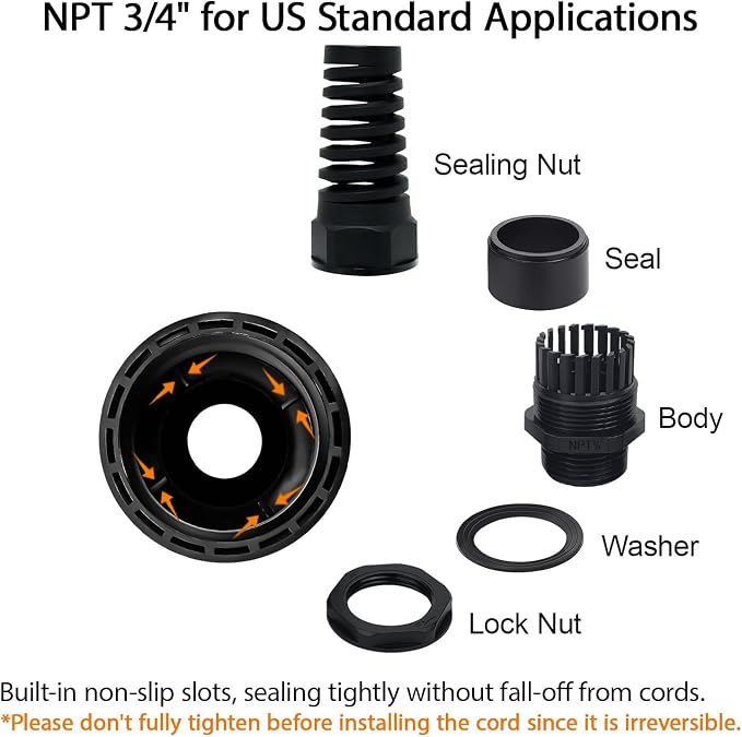 10Pcs NPT 3/4" IP68 Waterproof Cable Gland Flex Spiral Strain Relief Black - Image 3