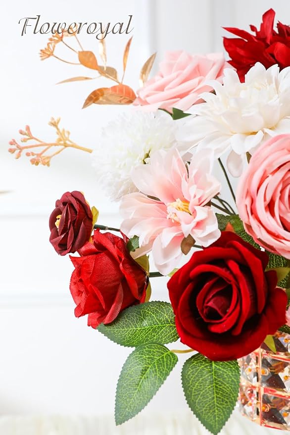 Artificial Flowers Combo Red Flowers Mix Silk Flowers Dahlia Roses - Image 2