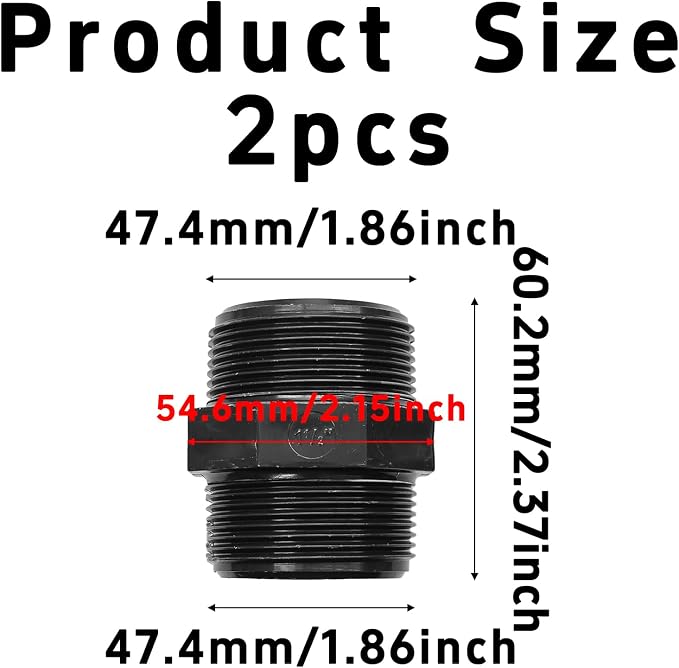 2PCS 1-1/2" PVC Hex Nipple Fitting, G1-1/2 X G1-1/2 Male Thread Coupling Adapter - Image 2