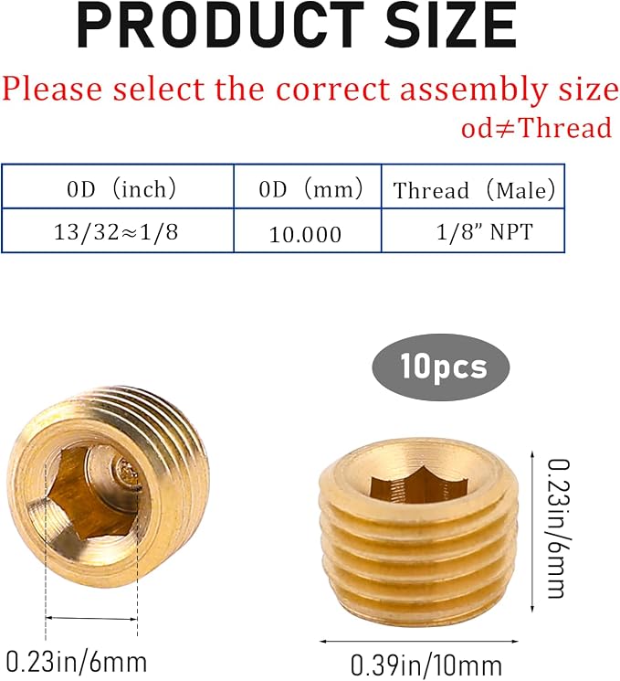 1/8" NPT Male Plug Fitting Set, Internal Hex Socket Thread Socket Plug Kit - Image 2
