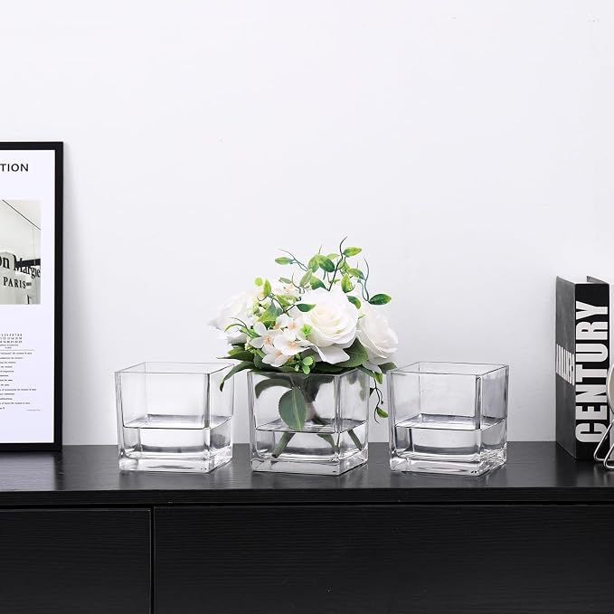 Square Clear Glass Vases Set of 6, Square Vase - Image 2