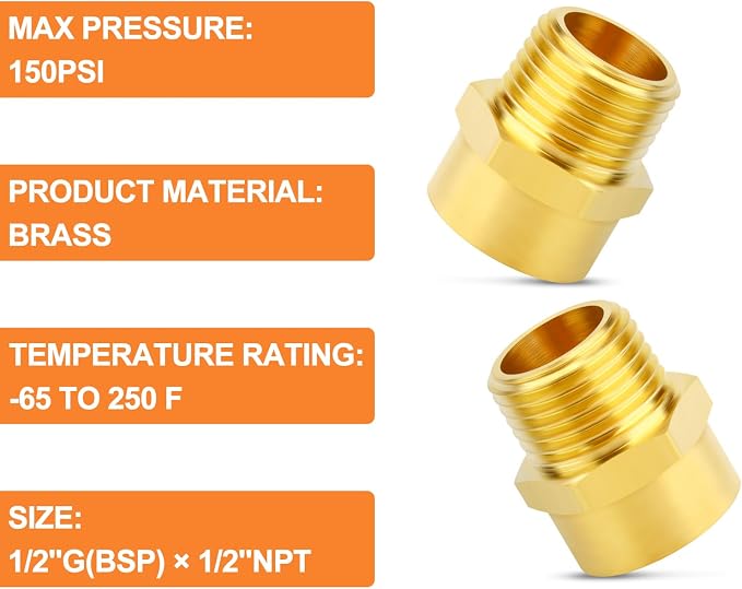 GASHER 5Pcs 1/2" G Thread Female × 1/2" NPT Thread Male Brass Pipe Fitting - Image 5