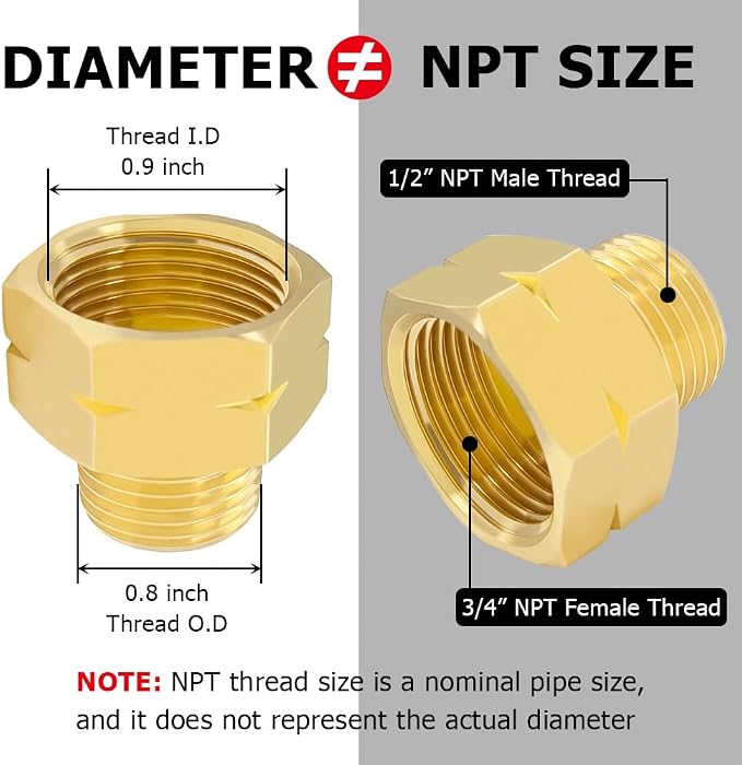 Hooshing 2PCS Brass Pipe Fitting 3/4" NPT Female to 1/2" NPT Male Reducer - Image 2
