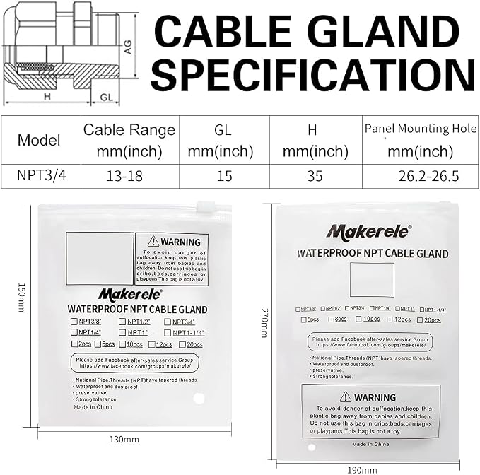 MAKERELE Nylon Waterproof Cable Gland Strain Relief IP68 Plastic Grey Cable - Image 7