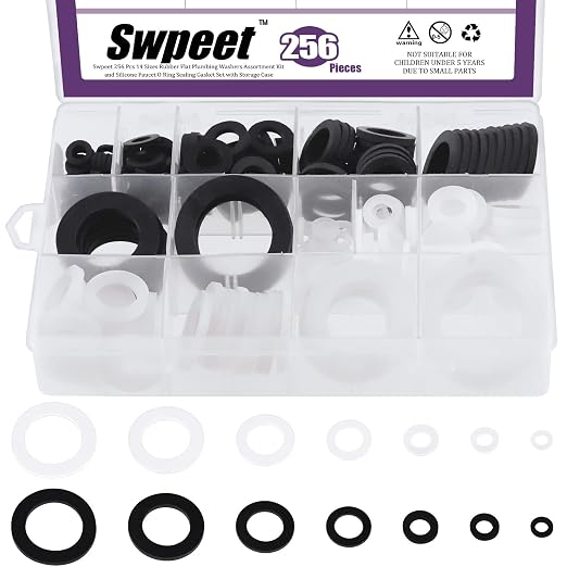 Swpeet 256Pcs 7 Sizes Flat Rubber and Silicone Washers O Ring Plumbing Washers by Swpeet