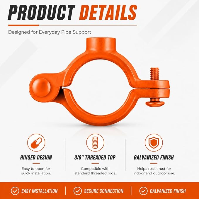 Orange 20 Pack 3/4'' Hinged Split Ring Pipe Hanger, Copper Epoxy Coated Iron - Image 3